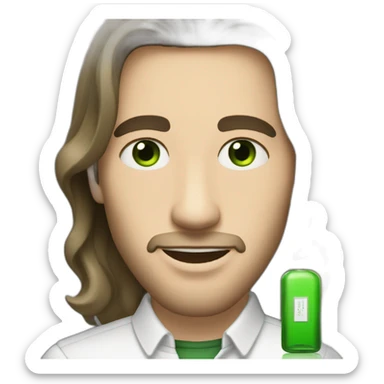 white skin men with long brunette hair and green eyes with a perfum bottle sticker