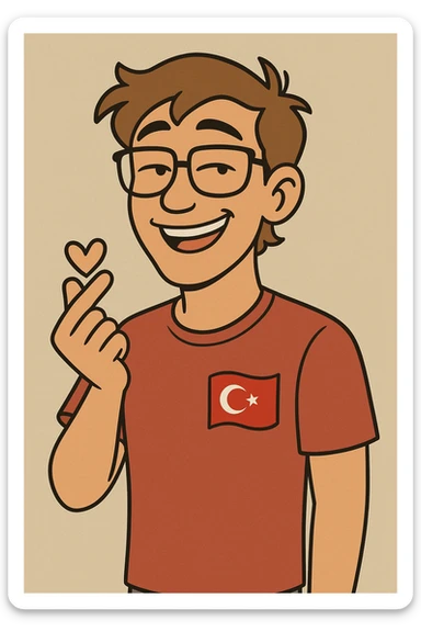 Turkish young man with slightly slanted eyes, wearing glasses, making a heart gesture with his hand, slightly tanned and light brown hair, cheerful facial expression, cartoon style sticker