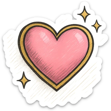 Add a realistic drop shadow to the 3D large pink heart with sparkles and gold outline, keeping the hand drawn black outline style, on a white clean background. sticker