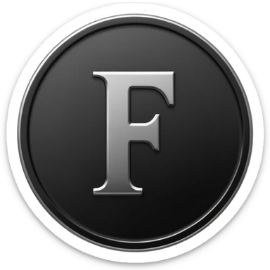 Emoji icon of a black coin with engraved letter F, minimalist style, isolated sticker