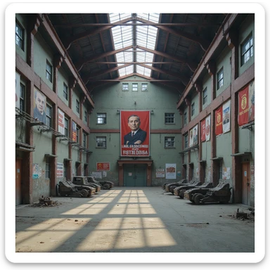 realistic Soviet heavy equipment plant building, assembly hall exterior, steel beams, propaganda posters, no people, no machinery outside sticker