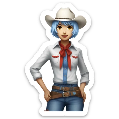 Rei ayanami in a cowboy costume, teen, full body. Only front view, no expression on the face. Make it genZ, stylist and cool, super realistic sticker