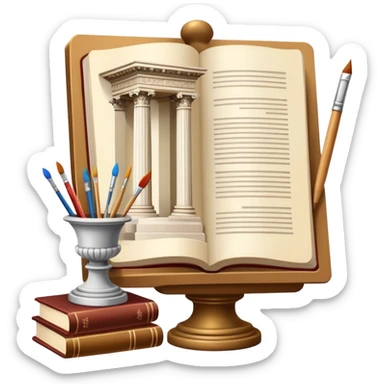 An icon featuring a paint palette, a sculpture, and a book, symbolizing the study of culture and art. The design includes a classical column and a canvas, representing art history and cultural exploration. Transparent background highlights the connection between creativity and history. sticker