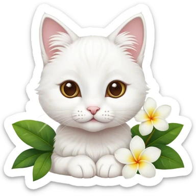A cute  little  white cat and frangipani sticker