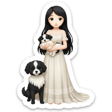 Pastel anime lady long hair with long lace dress full body holding puppy sticker