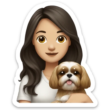 Young dark brunette hair woman with a golden shih tzu in her arms long hair sticker