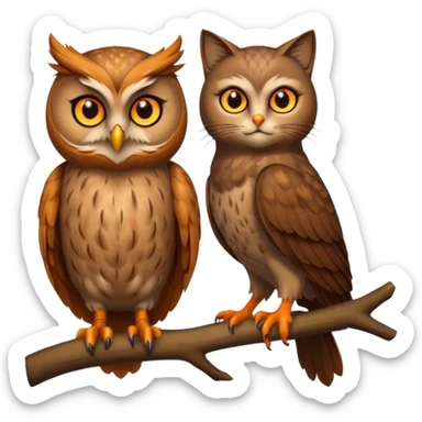 Owl on a branch with a cat's head sticker