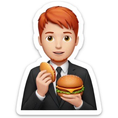 red haired male wearing suit eating hamburger sticker