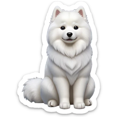 cinematic-[samoyed]-realistic-full-body-sitting-emoji,-tail-resting-loosely-beside-its-paws,-head-tilted-dramatically, -fluffy-[white]-fur,-simplified-yet-realistic-focused-features,-highly-detailed,-glowing-with-an-almost-sarcastic-glow sticker