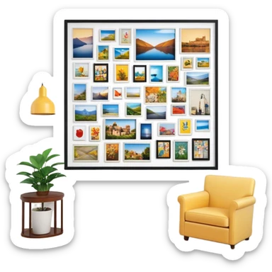 Icon for Photograph and Poster Collecting: a large poster in the center, surrounded by various-sized framed photographs. The icon should capture the charm of collecting photos and posters, arranged artistically on a wall. Transparent background. sticker