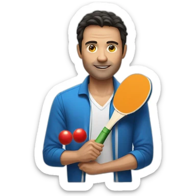 dark hair man holding table tennis bat and a beer sticker