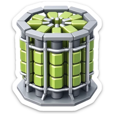 A bundle of uranium fuel rods used in a nuclear reactor, with a metallic structure and cylindrical rods, arranged in a hexagonal grid, futuristic and industrial style sticker
