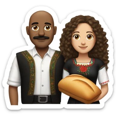 Mexican girl with long curly brown hair with red at the bottom and a black bald man with a bread and mustache sticker