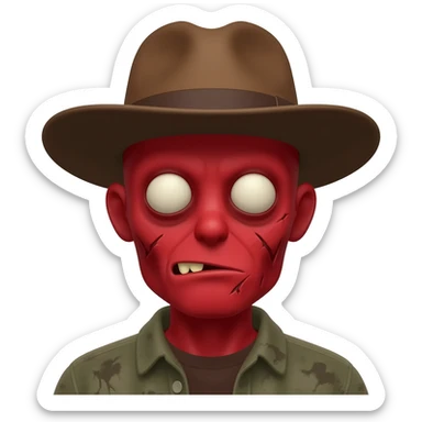 A zombi with red skin and a brown hat sticker