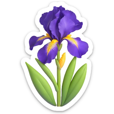 Detailed iris flower with rich purple color, classic iris structure with three hanging falls and three upright standards, green stem and leaves sticker