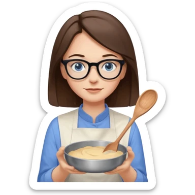 Me baking, brown shoulder hair, thin black glasses, blue eyes sticker