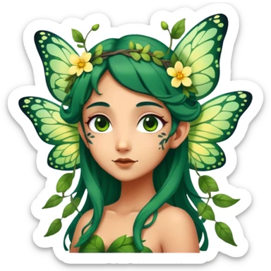 Cinematic Realistic Forest Fairy Portrait, head tilted playfully and inquisitively, showcasing a nature-inspired form with intricately detailed, sunlit tanned skin and cascading dark green hair interlaced with leaves and blossoms showing her large butterfly wings from her back. Her bright, curious eyes sparkle with forest mischief, rendered with lifelike clarity and warm, dappled lighting that captures the spirit of an enchanting woodland fairy ready to dance among the trees. sticker
