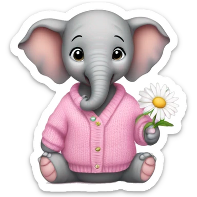 Baby elephant wearing pink sweater and holding daisy sticker