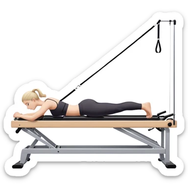 A girl doing a pilate reformer exercize. We have a side view of her sticker