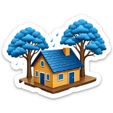showing a flood disaster scene with powerful blue water waves carrying floating tree branches and wood pieces, small houses partially submerged, dark storm clouds above, heavy rain, realistic yet simple and clean emoji-style design sticker