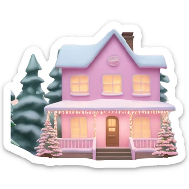 Pastel pink Christmas house with Christmas lights and evergreen trees sticker