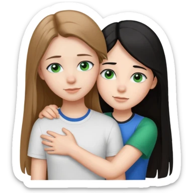 una ragazza dall‘ età di 19 anni con capelli castani chiaro lunghi e lisci ,  occhi blu  ,  e una ragazza di 17 anni capelli neri occhi verdi che si abbracciano e con una maglia bianca o nera  sticker