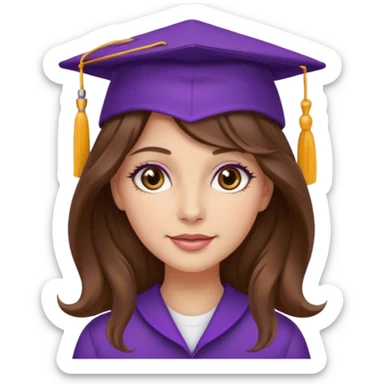 beautiful  woman normal skin with more wavy long long brown hair and hazel eyes with purple school hat sticker