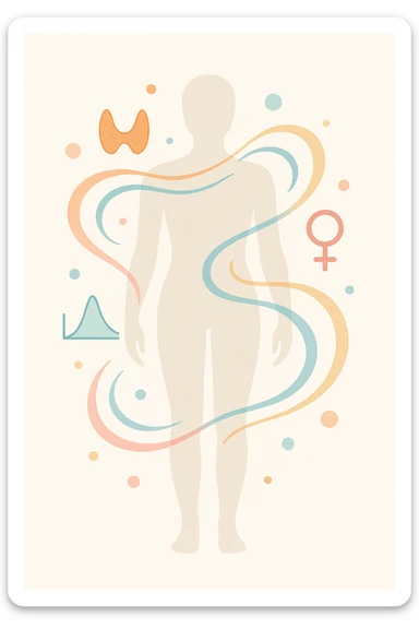Il corpo è circondato da simboli delicati e bilanciati che rappresentano equilibrio ormonale e metabolico: piccoli cerchi, flussi energetici colorati, simboli stilizzati di tiroide, picco insulina, estrogeni.  sticker