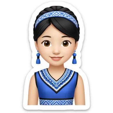 Make a hmong girl emoji in a blue, white, and black Hmong inspired dress sticker
