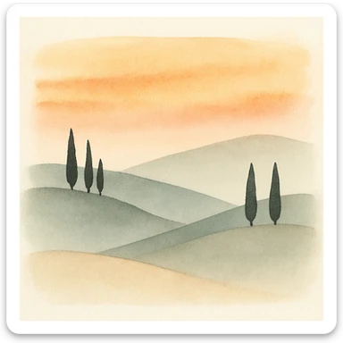 Tuscany hills at dusk, dramatic sunset colors, silhouettes of cypress trees, layered hills, serene mood, watercolor style sticker