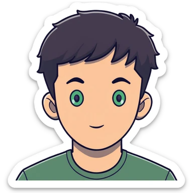 man with dark messy short hair, dark green eyes, wearing a gray t-shirt sticker