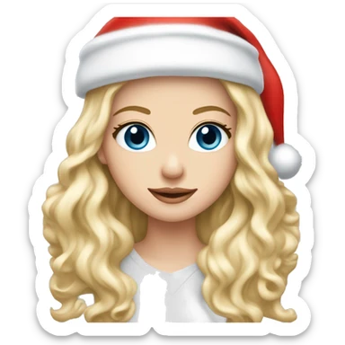Pretty blue eyed white girl with blonde long wave hair with a santa claus hat sticker