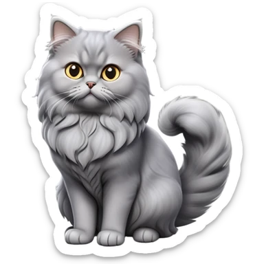 cinematic-[grey persian cat]-realistic-full-body-sitting-emoji,-tail-curled-playfully-around-its-paws,-head-tilted-dramatically,-fluffy-[grey]-fur,-simplified-yet-realistic-focused-features,-highly-detailed,-glowing-with-an-almost-sarcastic-glow sticker