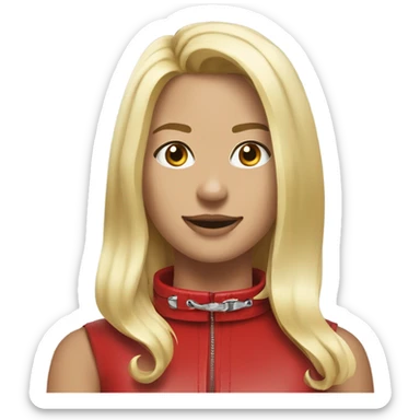 Put a Red leather dog collar on a blond white human female with medium length hair and add a red leash connected to the collar sticker