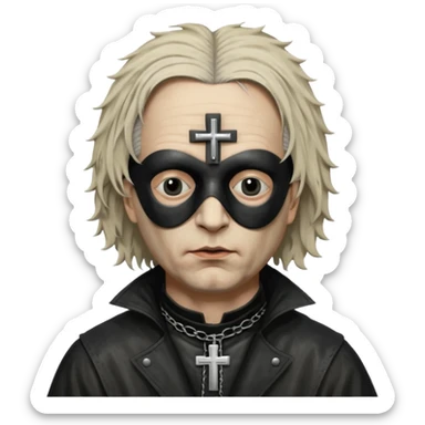 cinematic ultra HD portrait of Joel-Peter Witkin,  he wears a small black mask, a small crucifix is ​​sewn onto the black mask between the eyes of the portrait, he wears a worn leather coat and very disheveled hair sticker