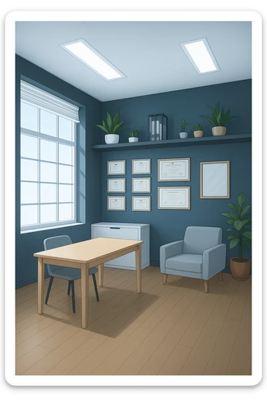 faMMI QUESTA STANZA STILE MANGA/WEBTOON A COLORI SENZA LE PERSONE E SENZA LETTINO, SOLO LA STANZA. FALLA MOLTO PIù LUMINOSA CON LUCI PIù FREDDE E MODERNE, NON LUCI GIALLE sticker