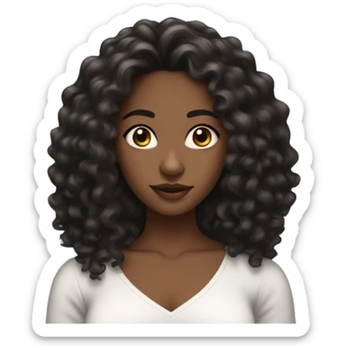 pretty black woman with super long black curly hair and brown almond eyes with white top  sticker