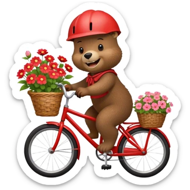 A cheerful brown bear riding a red bicycle, wearing a cute helmet, with a big smile and a basket full of flowers on the front. Bright, cartoonish style, simple and fun. sticker