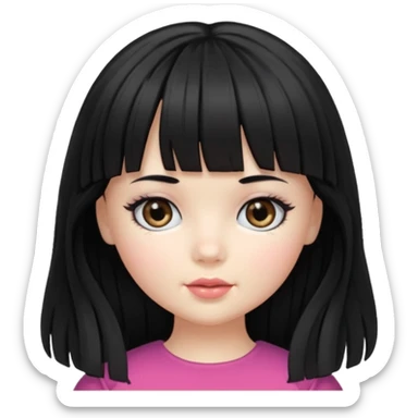 Doll girll, black hair with bangs, slightly wavy, very long hair,long eyelashes, black eyes. sticker