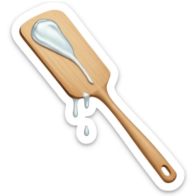 a close-up, minimalist shot of a viscous, pearly substance slowly dripping from a wooden spatula against a neutral gray background. sticker