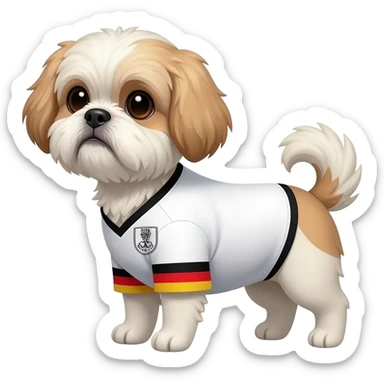 white and light brown shih zhu wearing a German soccer jersey v neck 2026 work cup sticker