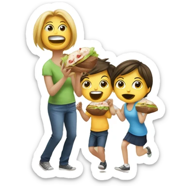 Two kids a boy and a girl going crazy eating an awesome lunch while the mom watches sticker