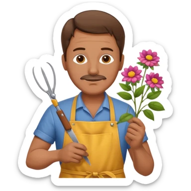 Middle-aged male florist – apron on, trimming stems with scissors sticker