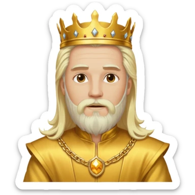 King Midas with long platinum blonde hair and beard, gold outfit sticker