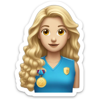 blonde girl with long hair dressed in a blue shirt with pearl earrings and a golden medal sticker