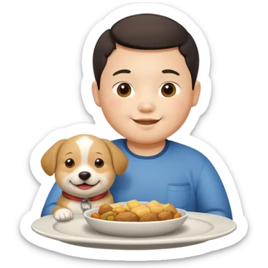 A fat Chinese boy with a dog sitting on his plate  sticker