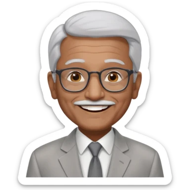 70 yr old indian man, short straight white hair brushed back, light grey business suit, big smile, dark brown skin, no moustache, dark brown eyes, glasses
 sticker