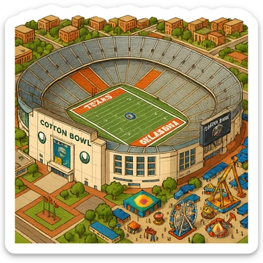 Изометричная, яркая, детализированная и фотореалистичная иллюстрация стадиона Cotton Bowl в стиле 3D-коллажей городов, насыщенные цвета, аккуратные и чёткие линии, мультяшно-реалистичная стилистика. Чёткие контуры, не размазанные линии, высокое качество, проверить написание букв, прозрачный фон, не обрезать края стадиона. sticker