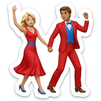Two people. Man  wearing all red  with brown hair. Women iall blue with blond hair. Swing Dancing.  sticker