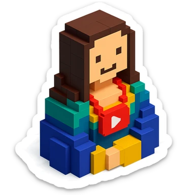 voxel-style Mona Lisa with a YouTube play button necklace, isometric view sticker